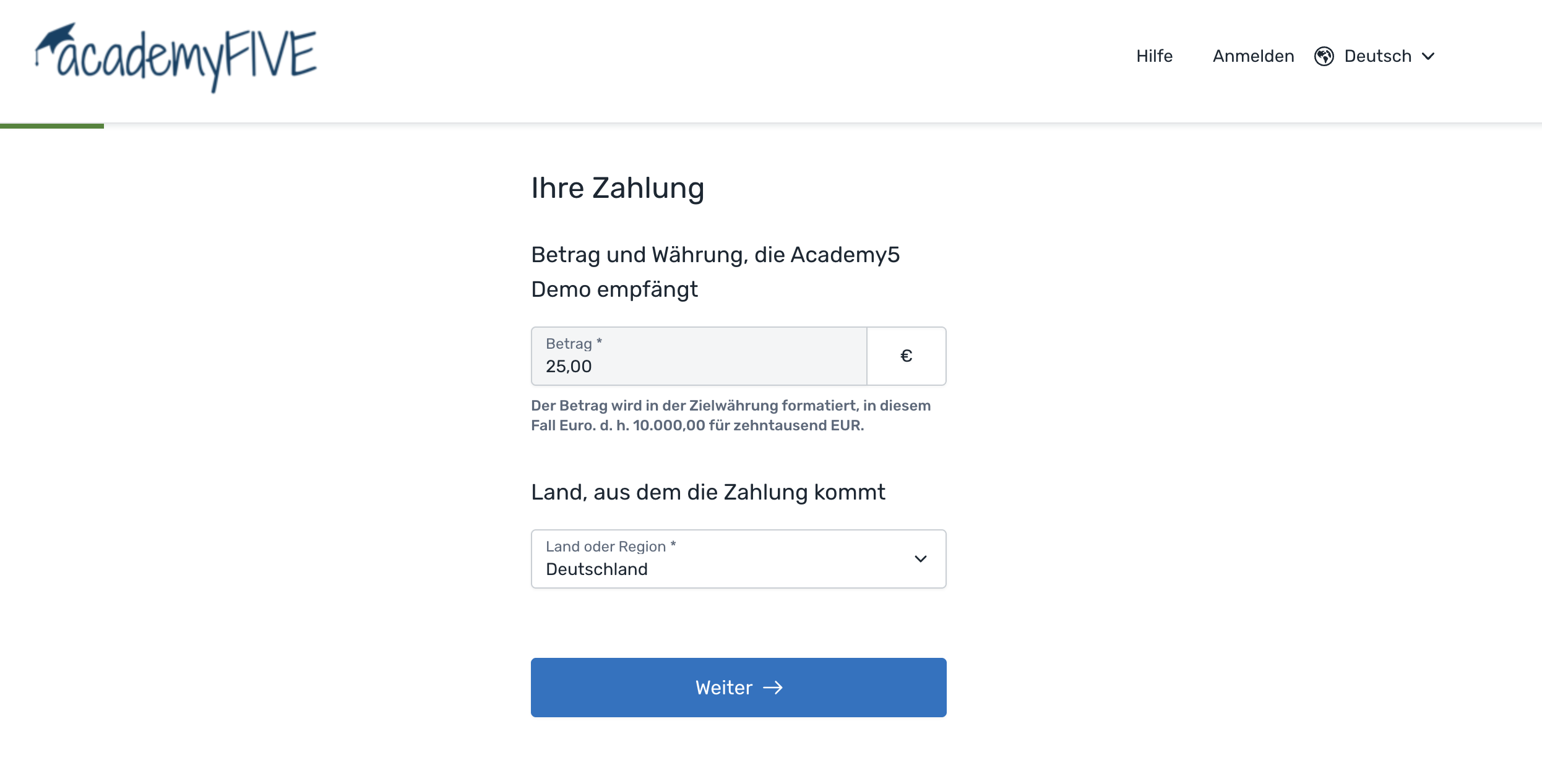 studierendenansicht zahlungsmaske